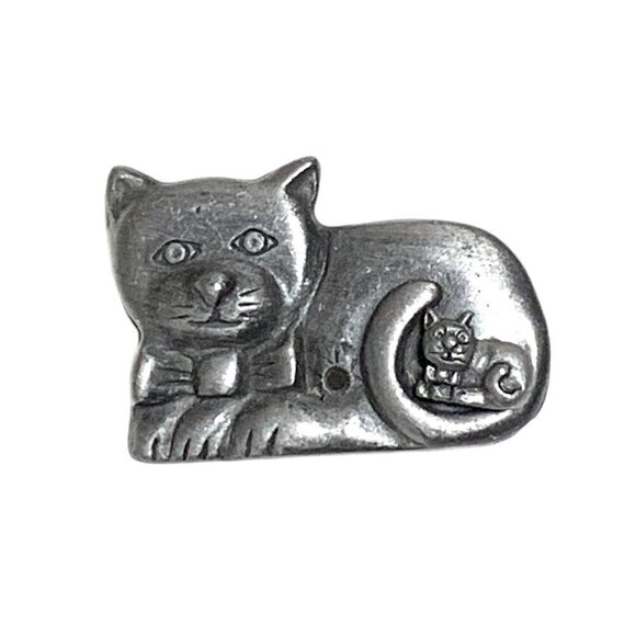 Vintage Silver Pewter Cat Brooch With Kitten Stud Earring Estate 2" - Picture 1 of 4